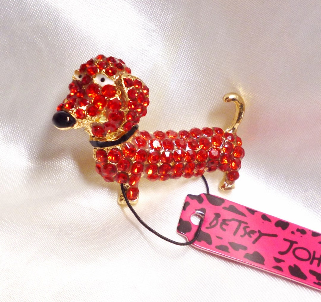 Betsey Johnson Dachshund Dog Pin Pendant Brooch Red Crystals NOS