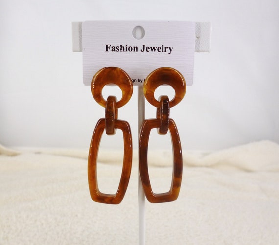 Tortoise Shell Lucite Rectangular Drop Earrings 2… - image 1
