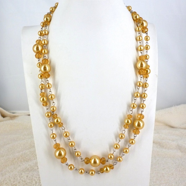 Nolan Miller Gold Tone Necklace Shell Pearl & Glass Crystals 42" NOS 1980s Perfect Condition CLEARANCE M700
