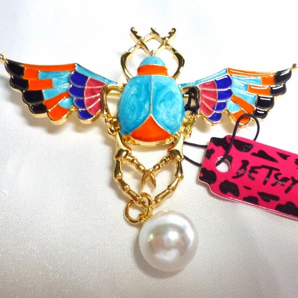 Betsey Johnson Scarab Beetle Pin Multi Color Enamel w/ Faux Pearl & Gold Plate Insect Bug 3" NOS NWT Perfect Cond Free Shipping M1432