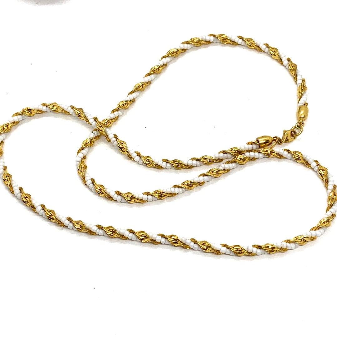 White Glass & Gold Plate Rope Necklace Seed Beads 24 Vintage