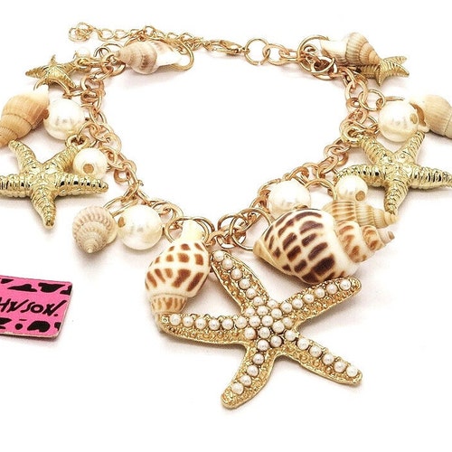 Betsey Johnson Shell Bracelet Starfish Layered Genuine Sea Shells & Faux Pearls 6.5" - 9" NOS NWT Perfect Cond FREE Shipping M1013