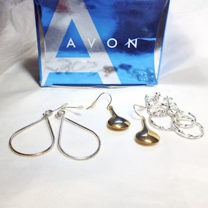 Avon Earrings Set 3 Pairs Hoops & Teardrop Dangles Silver + Gold Tones NOS NIB Perfect Condition FREE Shipping M972