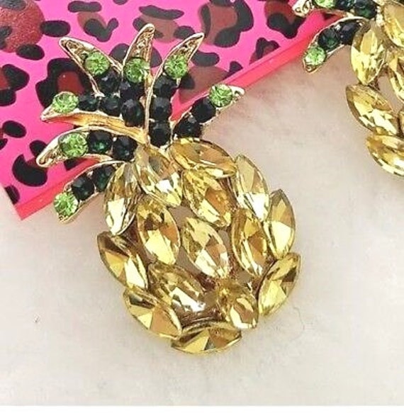 Betsey Johnson Pineapple Earrings Yellow Green Crystals Gold