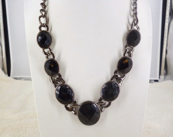 Trifari Black Bib Necklace Faceted Stones 20" Vintage 1990S Estate EUC FREE SHIPPING 19493