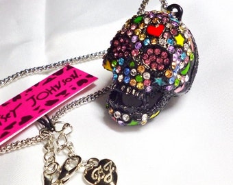 RARE Black Betsey Johnson Sugar Skull Necklace Crystals & Enamel Symbols Goth NOS NWT Perfect Cond Free Ship M934