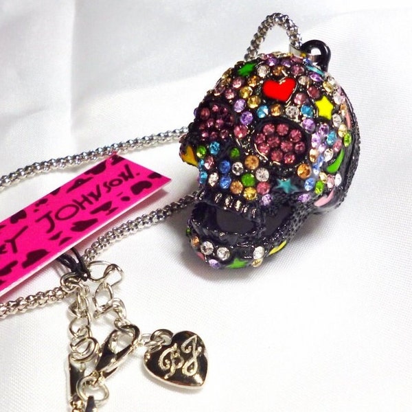 RARE Black Betsey Johnson Sugar Skull Necklace Crystals & Enamel Symbols Goth NOS NWT Perfect Cond Free Shipping M934