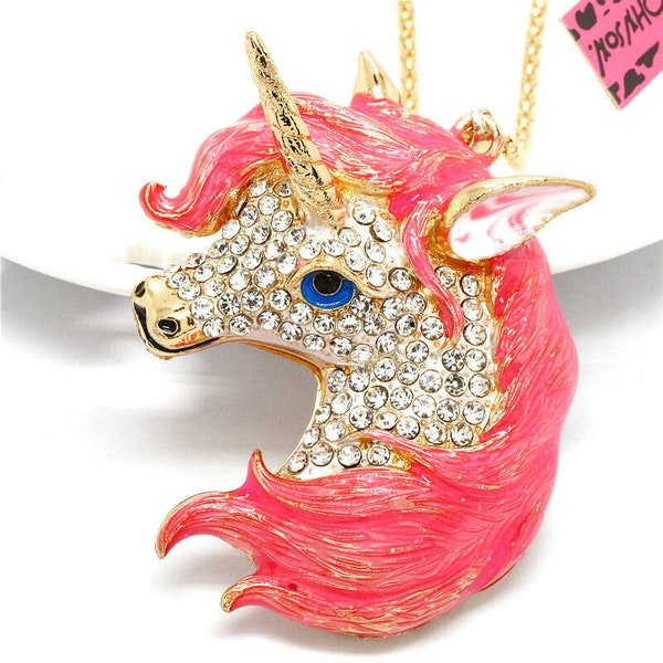 Betsey Johnson Unicorn Necklace/Pin Sparkly Crystals & Pink Enamel NOS NWT Perfect Cond FREE Shipping M903