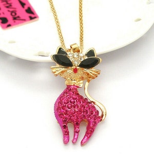 Betsey Johnson Stylish Cat Necklace Fuchsia/Pink/Purple & Clear Crystals NOS NWT Perfect Cond FREE Shipping M990