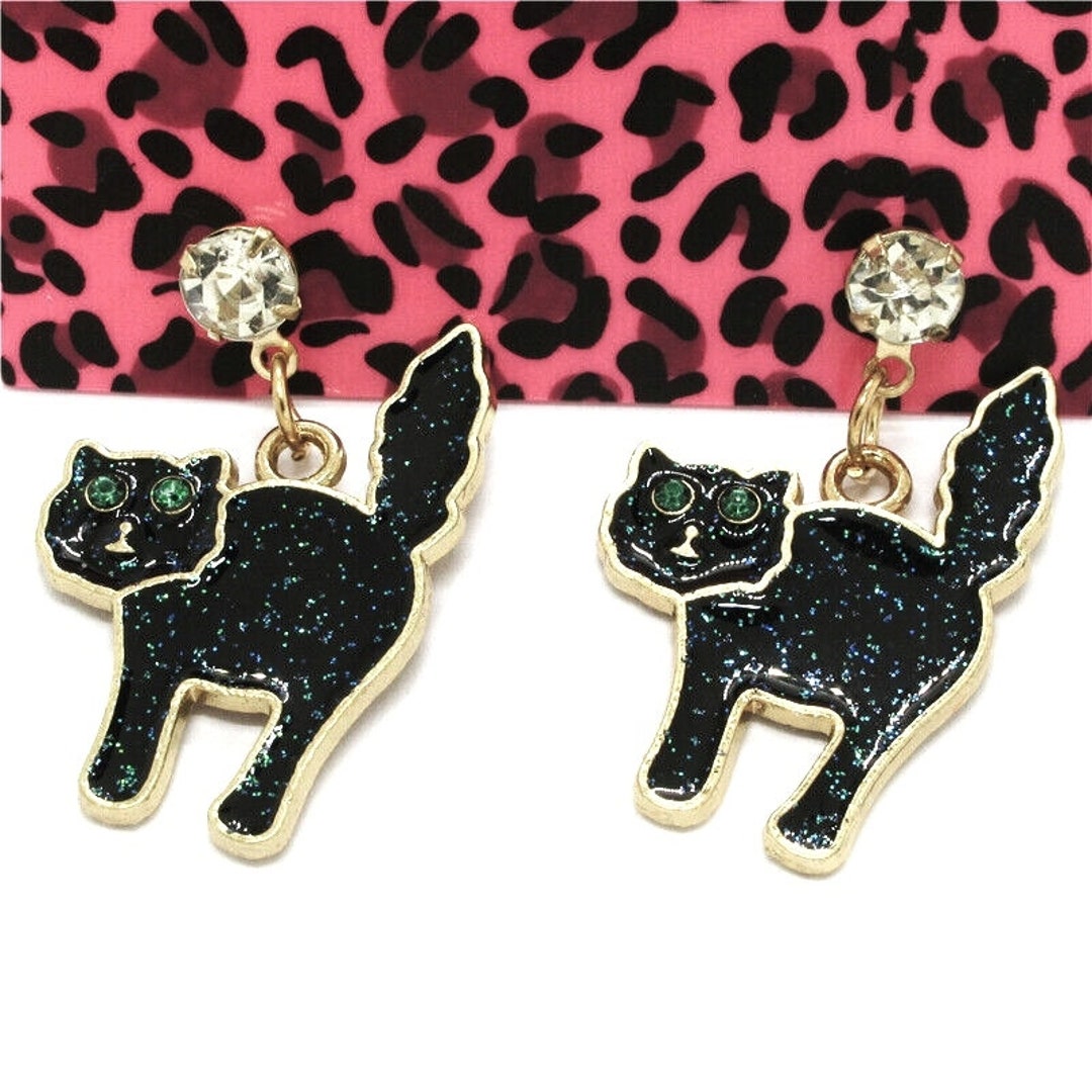 Betsey Johnson Black Cat Drop Earrings Scaredy Cats Green Eyes NOS