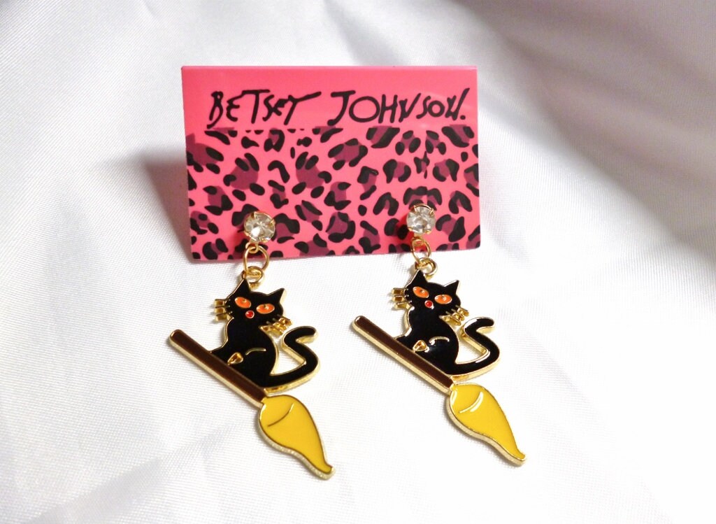 Betsey Johnson Black Cat on Broomstick Earrings Halloween Witch's - Main Image