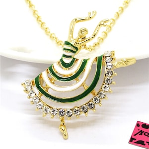 Betsey Johnson Ballerina Necklace Green & White Enamel,  Gold Plate + Crystals NOS NWT Perfect Cond FREE Shipping M840