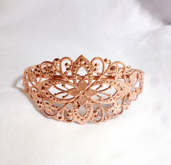 Rose Gold Plated Victorian Style Cuff Bracelet Fl… - image 1