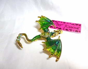 Betsey Johnson Dragon Pin Brooch Winged Flying Green Enamel & Aurora Borealis Crystals NOS NWT Perfect Cond FREE Shipping M1198