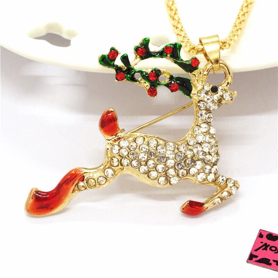 Betsey Johnson Reindeer Necklace / Pin Brooch Red… - image 1