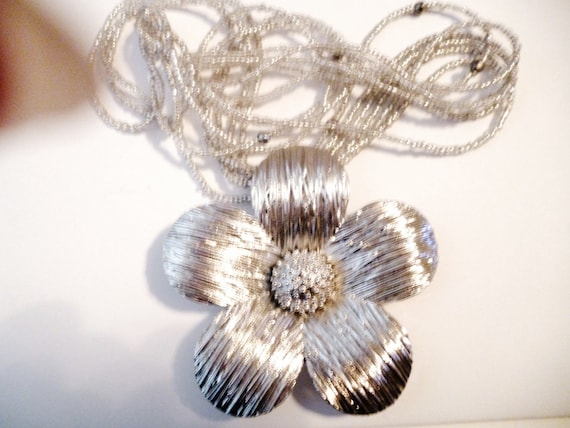 Statement Necklace Huge Flower Pendant Silver Ton… - image 2