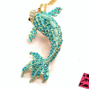 Betsey Johnson Fish Necklace Aqua Crystal Pave' Carp Koi NOS NWT Perfect Cond FREE Shipping M1010