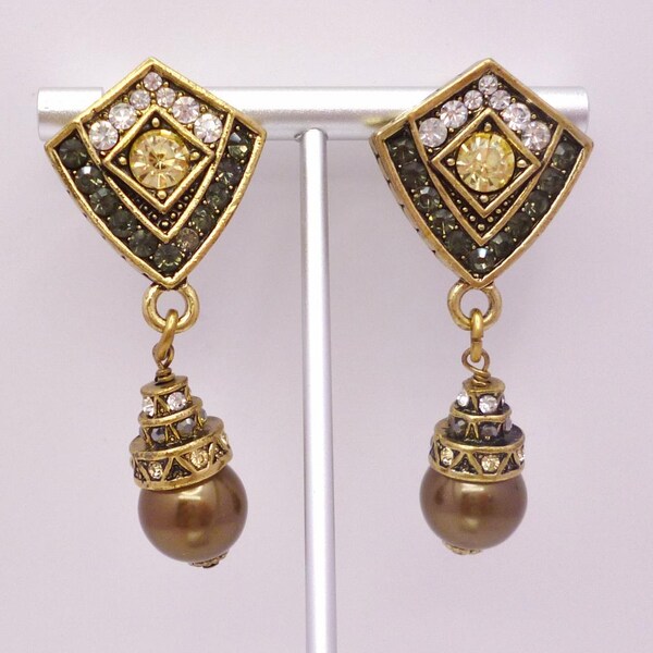 Heidi Daus Dangle Earrings w/ Rhinestones & Shell Pearl Art Deco Style Signed Antiqued Gold Plate 2 1/4" Perfect Cond FREE Shipping 32164