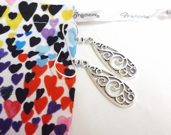 Brighton Floral Scroll Design Filigree Drop Earrings Silver Plated Teardrop 2" w/ Dust Bag NOS Perfect Condition FREE Shipping M1597