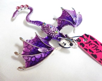 Betsey Johnson Dragon Pin / Brooch Winged Flying Purple Enamel & Aurora Borealis Crystals NOS NWT Perfect Cond FREE Shipping M1199b