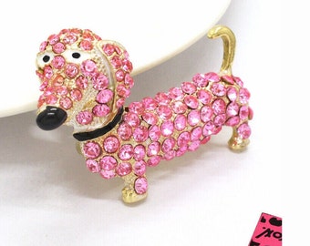 Betsey Johnson Dachshund Dog Pin / Pendant Brooch Pink Crystals NOS NWT Perfect Cond FREE Shipping M1176