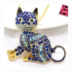 Betsey Johnson Striped Cat Necklace Blue Crystals & Black Enamel NOS NWT Perfect Cond Free Shipping M1075