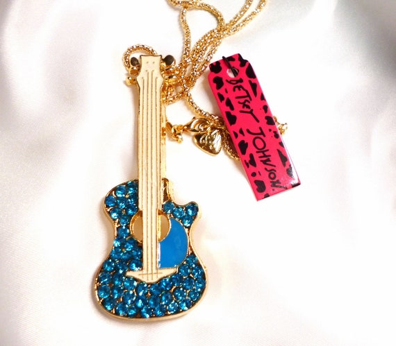 Betsey Johnson Guitar Necklace/Pin Brooch Aqua Bl… - image 1