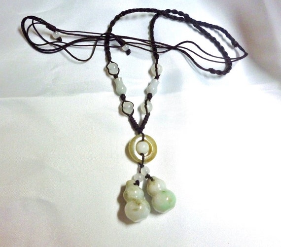 Asian Jade Pendant Necklace Green w/ Hand Knotted… - image 1