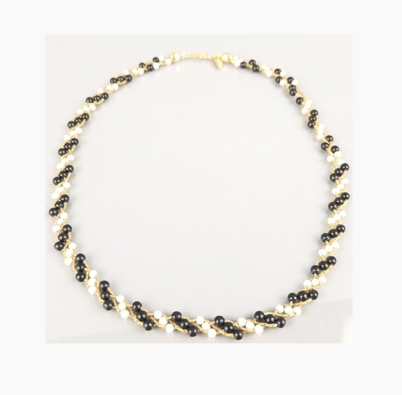 Sarah Coventry Necklace Black & Faux Pearl Woven … - image 1