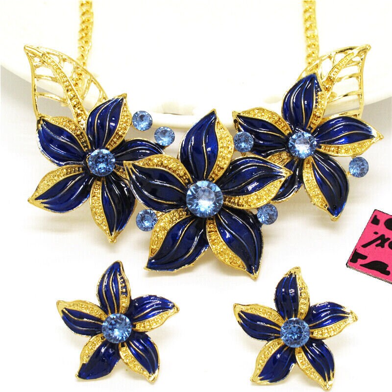 Betsey Johnson Set Necklace Earrings Navy Blue Flowers Enamel