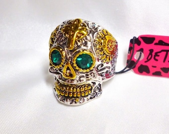 Betsey Johnson Skull Ring Techno Hip Hop Goth Silver & Gold Plate Green Eyes Various Sizes NOS NWT Perfect Cond FREE Shipping M1429