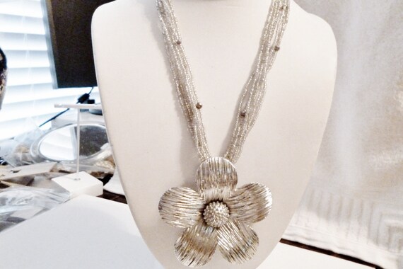 Statement Necklace Huge Flower Pendant Silver Ton… - image 5