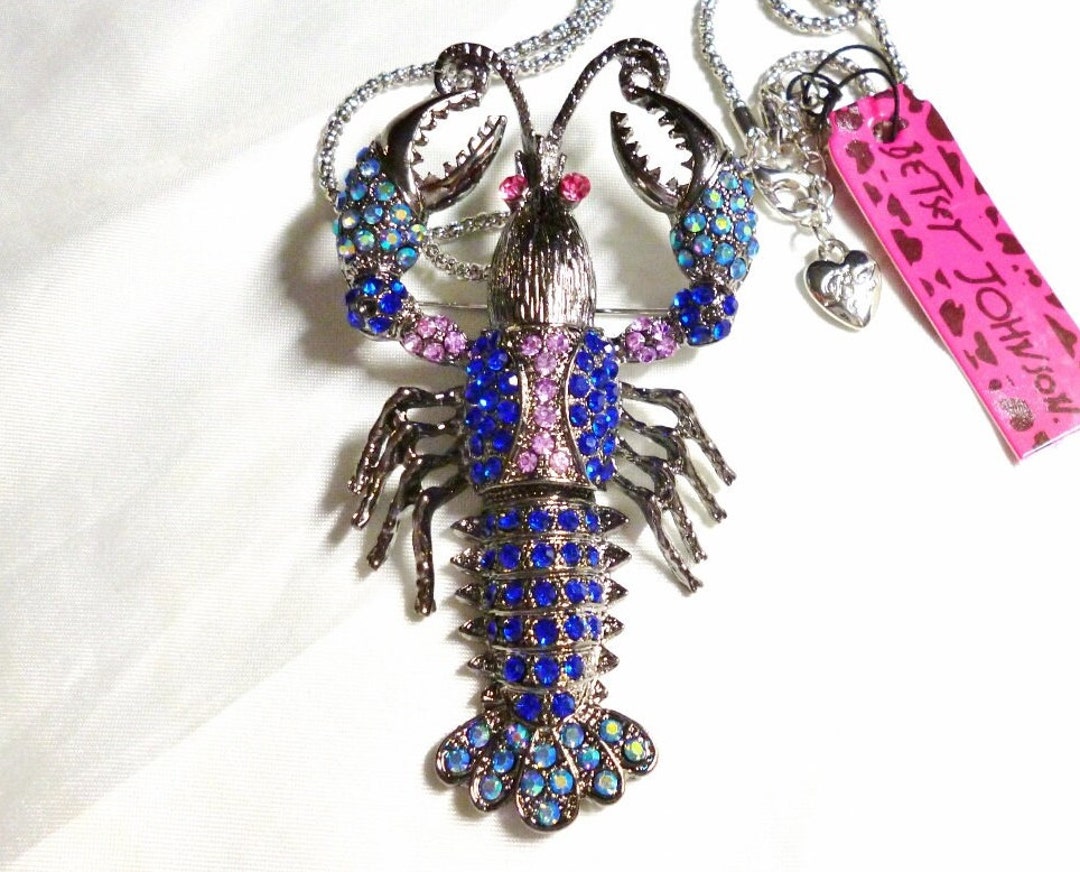 RARE Betsey Johnson Lobster Necklace / Pin Brooch Tail Moves Dark