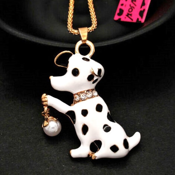 RARE Betsey Johnson Dalmation Dog Necklace Faux Pearl Ball & Crystal Collar NOS NWT Perfect Cond Free Shipping M1005