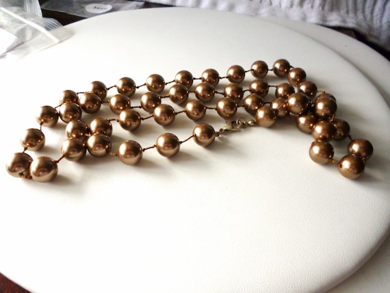 Necklace Bronze Tone Brown Beads Faux Pearls Vint… - image 3