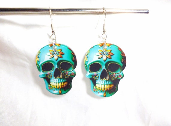 Floral Skull Drop Earrings Teal Blue & Yellow Day… - image 2