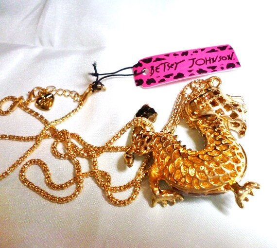 Betsey Johnson Dragon Necklace Pendant Blue Clear Crystals