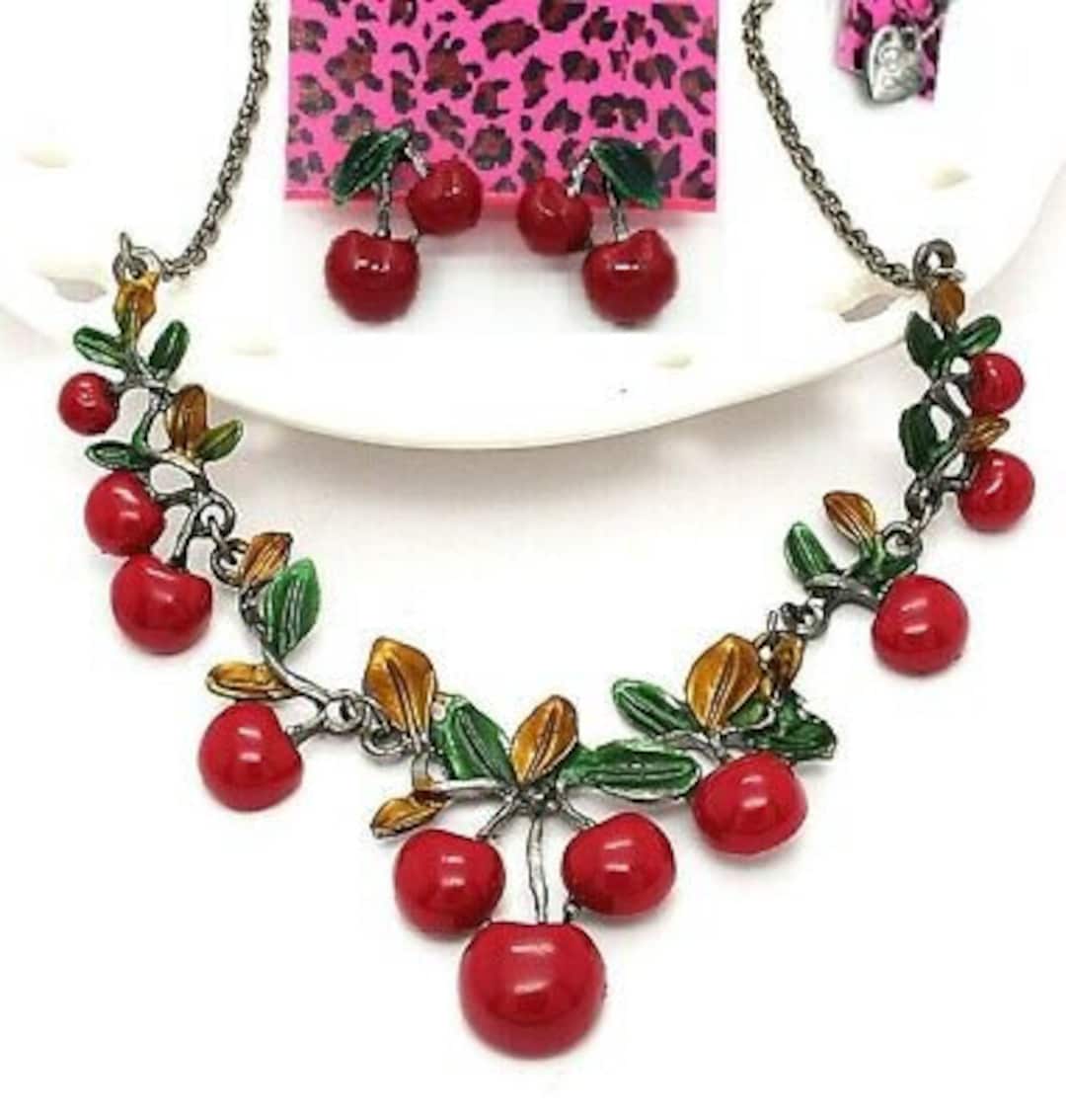 Betsey Johnson Set Necklace Earrings Cherries W leaves NOS NWT