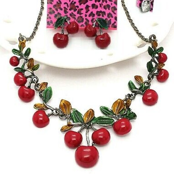 Betsey Johnson Set Necklace & Earrings Cherries w/Leaves NOS NWT Perfect Cond FREE Shipping M938