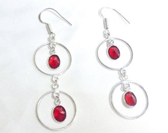 Red Garnet Drop Earrings Circles 925 Silver NWOT NOS Perfect Condition FREE Shipping 23339