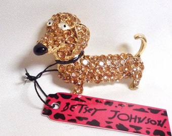 Betsey Johnson Dachshund Dog Pin / Pendant Brooch Champagne Crystals Gold Plated NOS NWT Perfect Cond FREE Shipping M1441