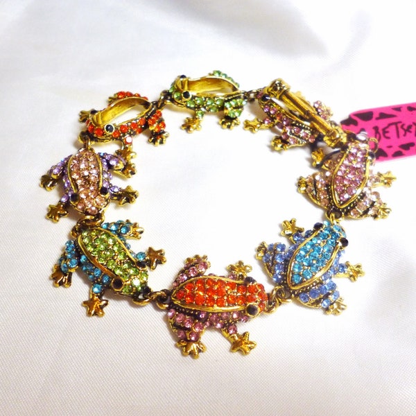 Bracelet grenouille Betsey Johnson couleurs arc-en-ciel cristaux plaqué or à bascule réglable 7 1/4" - 9 1/4" NOS NWT Perfect Cond livraison gratuite M1454