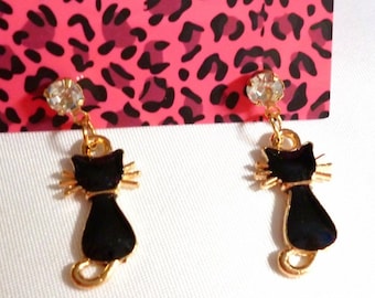 Betsey Johnson Black Cat Drop Earrings NOS NWT Perfect Cond FREE Shipping M1104