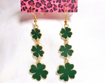 RARE Betsey Johnson 4 Leaf Clover Drop Earrings Shamrock St Patrick's Day Emerald Green Enamel 2 1/2" NOS NWT Perfect Cond Free Ship M1316