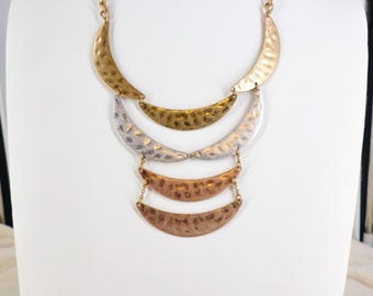 Bib Necklace Hammered Metal Silver, Gold, Copper, Tones  17"-22" EUC FREE Shipping 18410