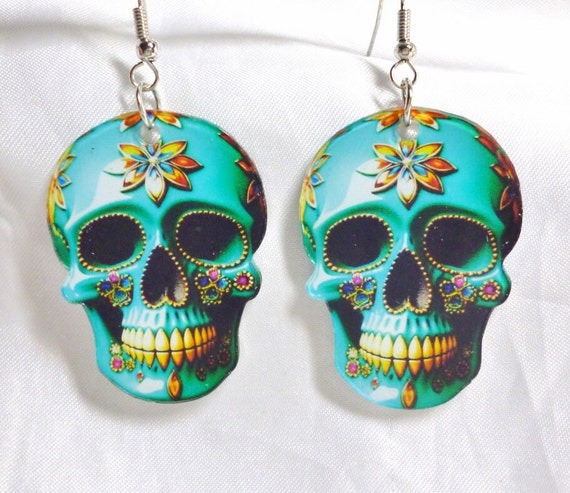 Floral Skull Drop Earrings Teal Blue & Yellow Day… - image 1