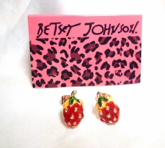 Betsey Johnson Red Strawberry Earrings Enamel & R… - image 1