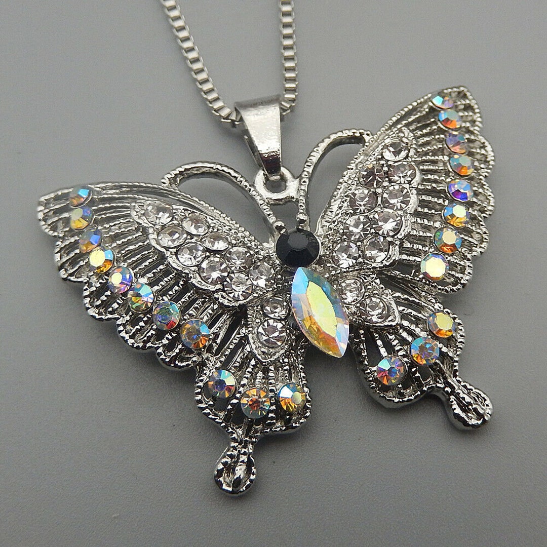 Betsey Johnson Butterfly Necklace Bright AB Crystals in Silver Plate