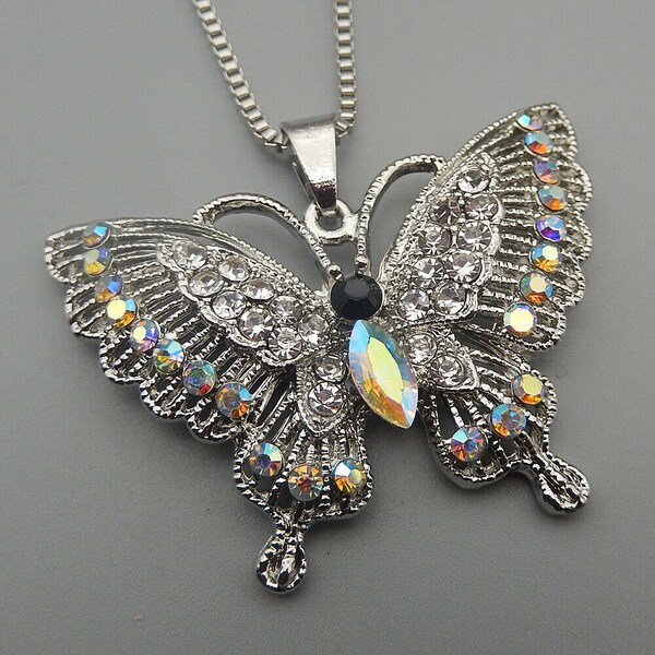 Betsey Johnson Butterfly Necklace Bright AB Crystals in Silver Plate NOS NWT Perfect Cond Free Shipping M986