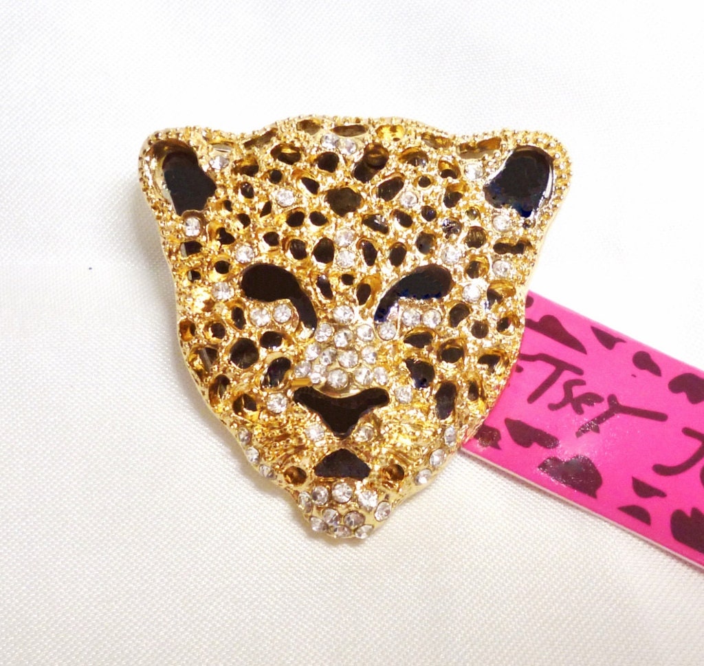 Betsey Johnson Leopard Jaguar Cat Pin Brooch Gold Tone & Black w/ Crystals! NOS NWT Perfect Cond FREE Shipping M1379
